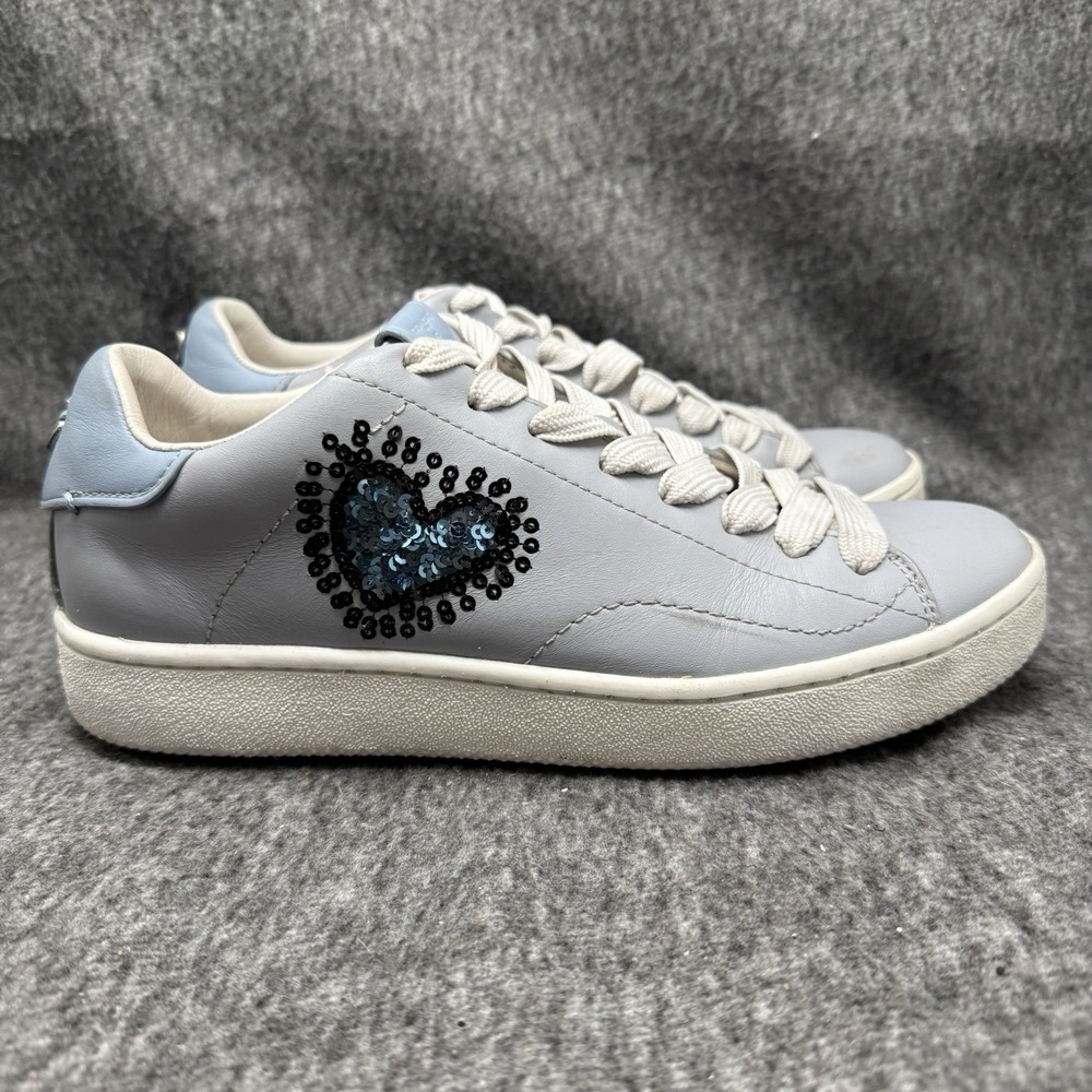Coach Womens C101 Leather Sneakers Grey Blue Sequin Heart Size 9.5 G2255